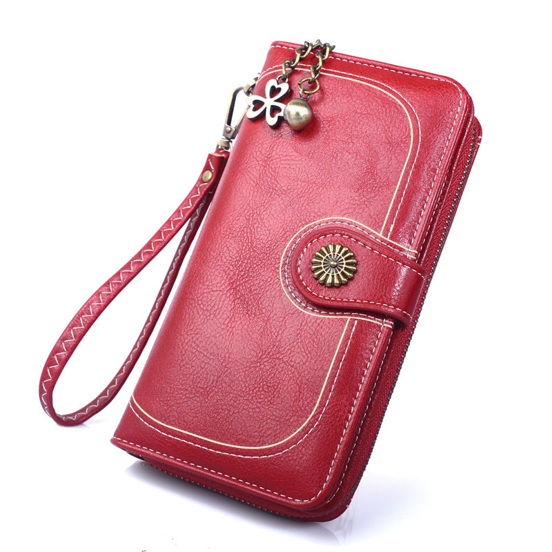 Women's Oily Leather Mobile Zipper Long Ladies Wallets