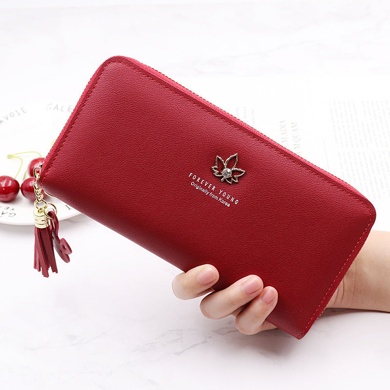 Women's Long Fashion Zipper Lychee Pattern Leaf Ladies Wallets