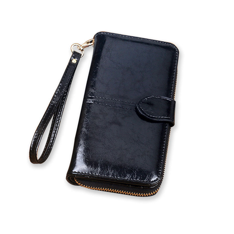 Women's Oil Wax Leather Retro Long Multifunctional Ladies Wallets