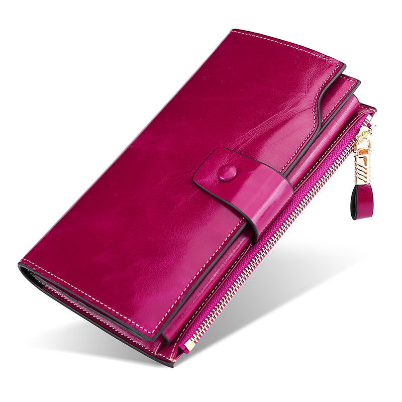 Women's Leather Long Swiping Oil Wax Clutch Ladies Wallets