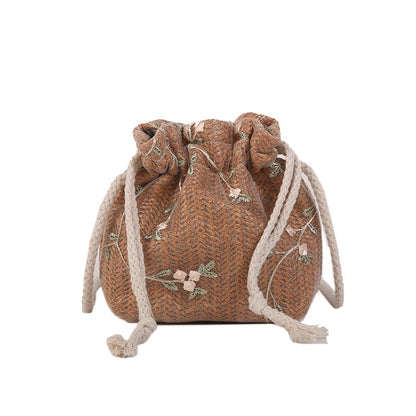 Women's Woven Fashion Lace Versatile Drawstring Bucket Shoulder Bags