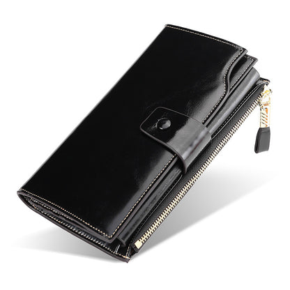 Women's Leather Long Swiping Oil Wax Clutch Ladies Wallets