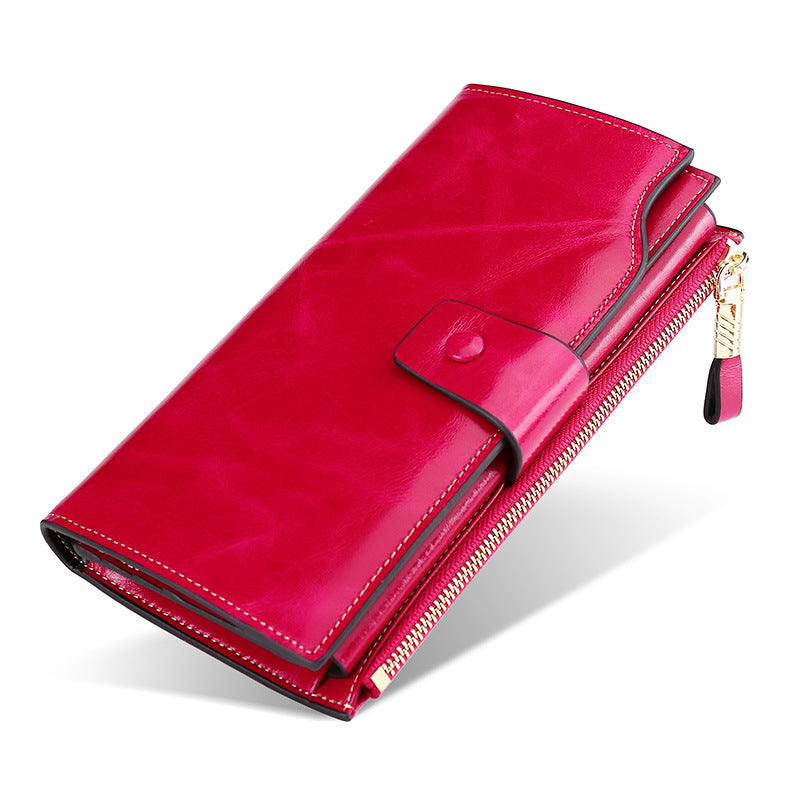 Women's Leather Long Swiping Oil Wax Clutch Ladies Wallets