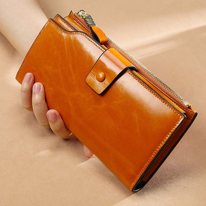 Women's Leather Long Swiping Oil Wax Clutch Ladies Wallets