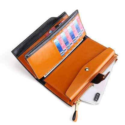 Women's Leather Long Swiping Oil Wax Clutch Ladies Wallets