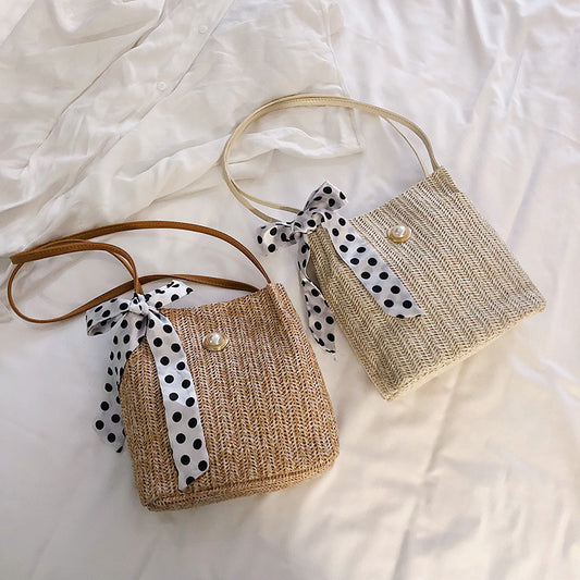 Summer Bow Woven Portable Beach Pearl Shoulder Bags