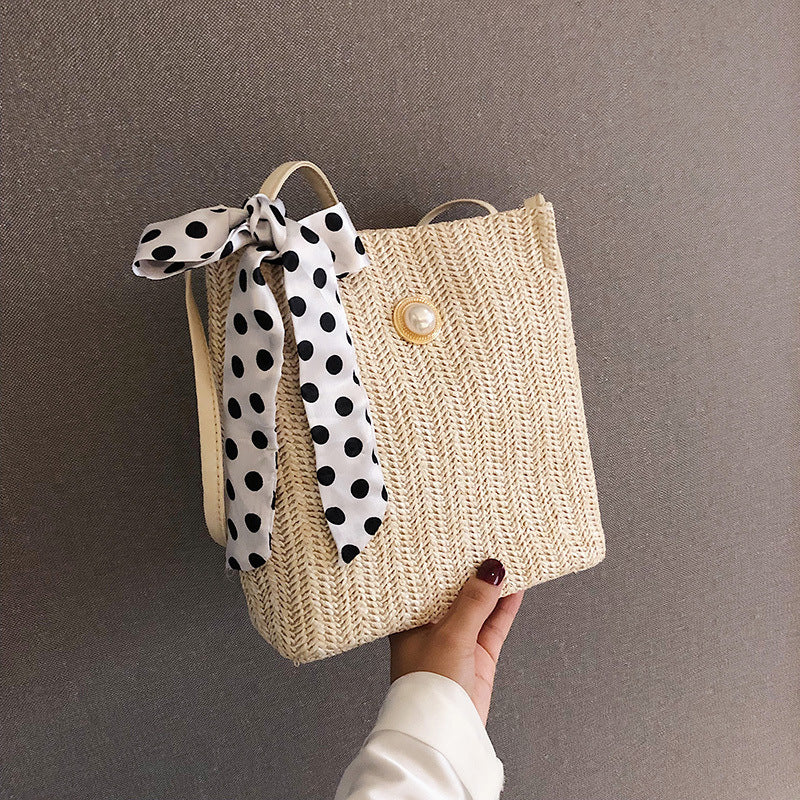 Summer Bow Woven Portable Beach Pearl Shoulder Bags