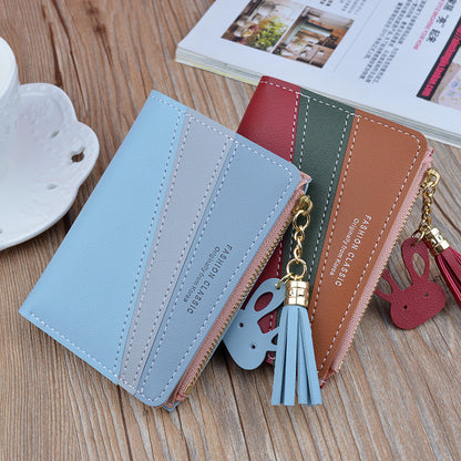 Women's Short Stitching Contrast Color Zipper Tassel Ladies Wallets