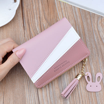 Women's Short Stitching Contrast Color Zipper Tassel Ladies Wallets