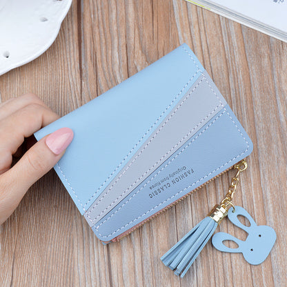 Women's Short Stitching Contrast Color Zipper Tassel Ladies Wallets