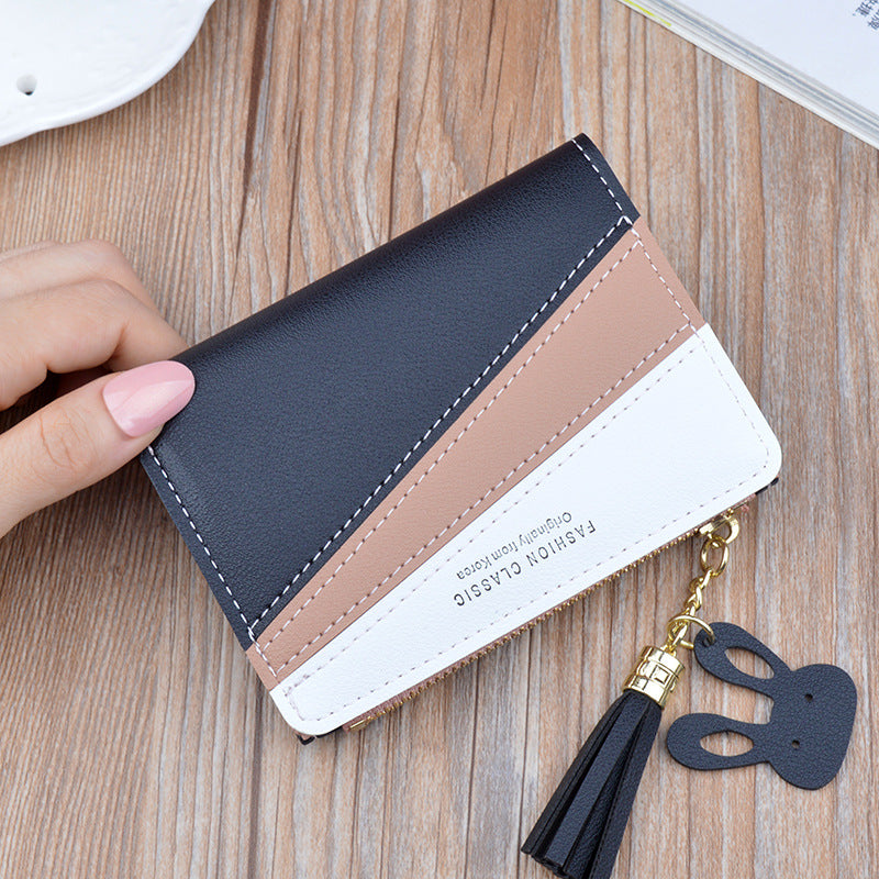 Women's Short Stitching Contrast Color Zipper Tassel Ladies Wallets