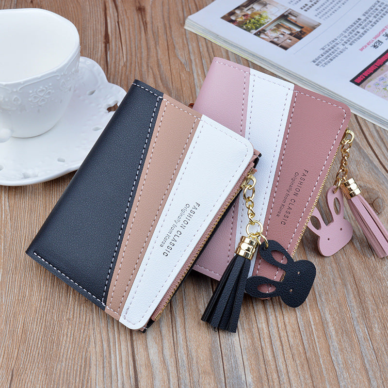 Women's Short Stitching Contrast Color Zipper Tassel Ladies Wallets