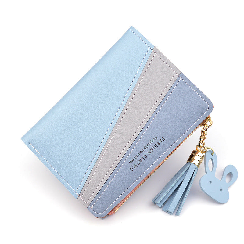 Women's Short Stitching Contrast Color Zipper Tassel Ladies Wallets