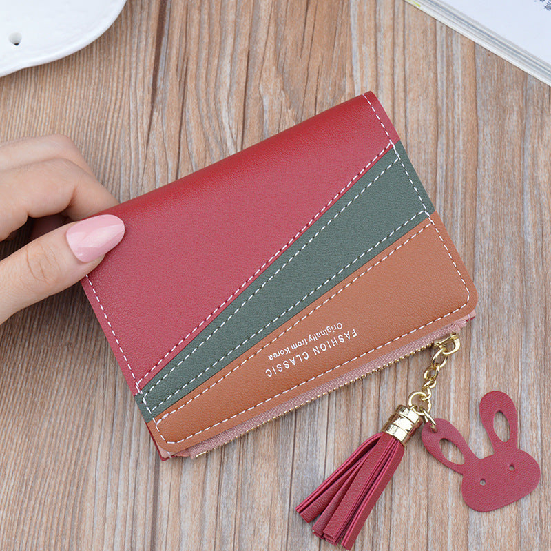 Women's Short Stitching Contrast Color Zipper Tassel Ladies Wallets