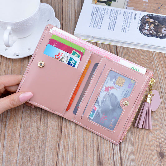 Women's Short Stitching Contrast Color Zipper Tassel Ladies Wallets