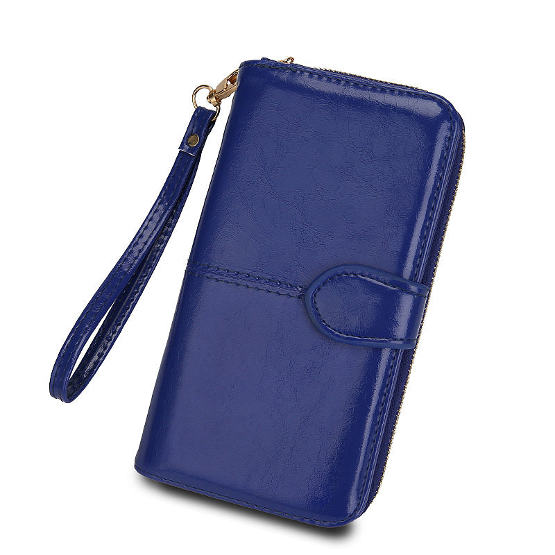 Women's Zipper Oil Wax Leather Mobile Clutch Ladies Wallets