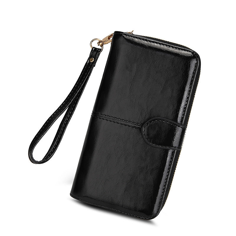 Women's Zipper Oil Wax Leather Mobile Clutch Ladies Wallets