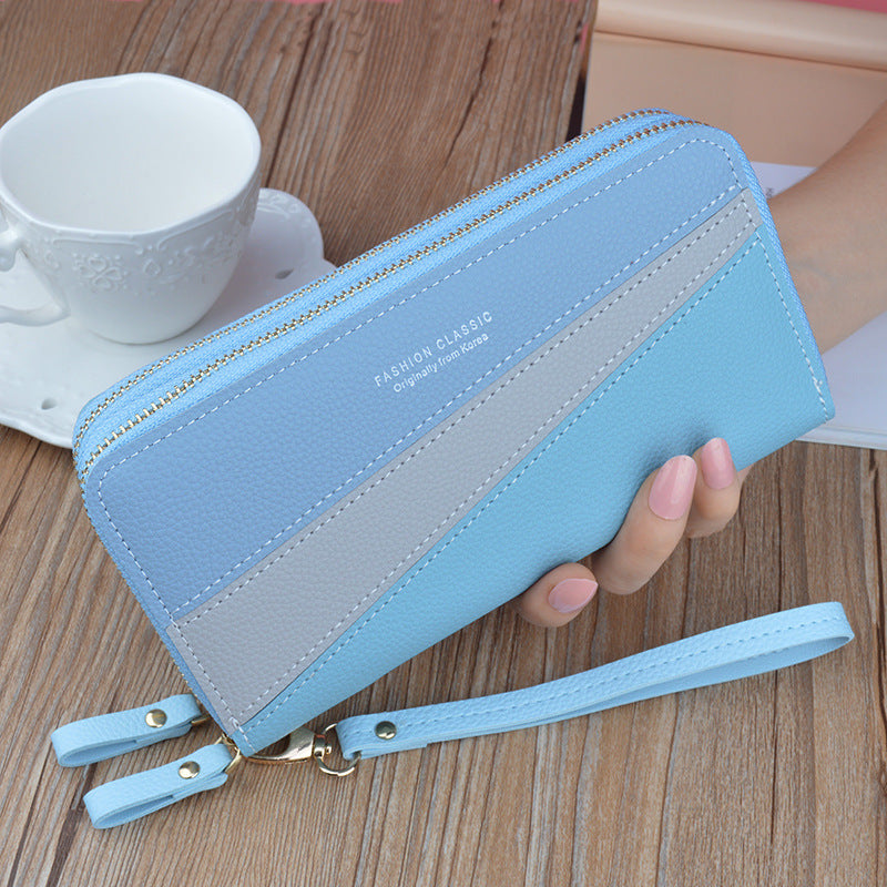 Women's Long Double Zip Clutch Fashion Color Contrast Ladies Wallets