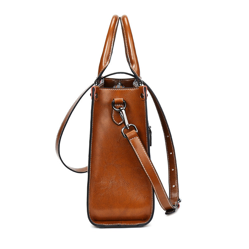 Women's Oil Wax Stitching Leather Fan Cowhide Handbags