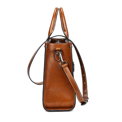 Women's Oil Wax Stitching Leather Fan Cowhide Handbags