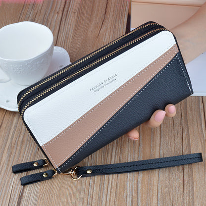 Women's Long Double Zip Clutch Fashion Color Contrast Ladies Wallets