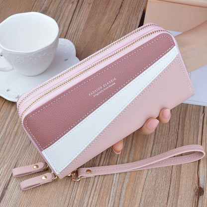 Women's Long Double Zip Clutch Fashion Color Contrast Ladies Wallets