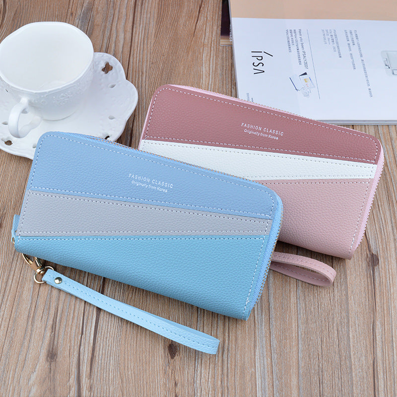 Women's Long Double Zip Clutch Fashion Color Contrast Ladies Wallets