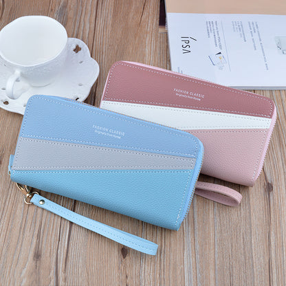 Women's Long Double Zip Clutch Fashion Color Contrast Ladies Wallets