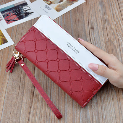 Women's Long Zip Tassel Korean Style Contrast Color Check Large Bags