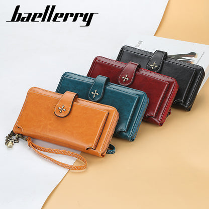 Women's Long Korean Style Multifunctional Zipper Mobile Oil Wax Buckle