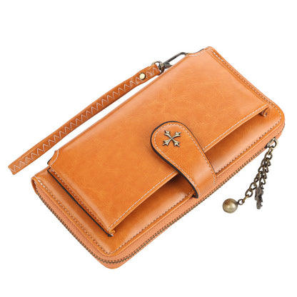 Women's Long Korean Style Multifunctional Zipper Mobile Oil Wax Buckle