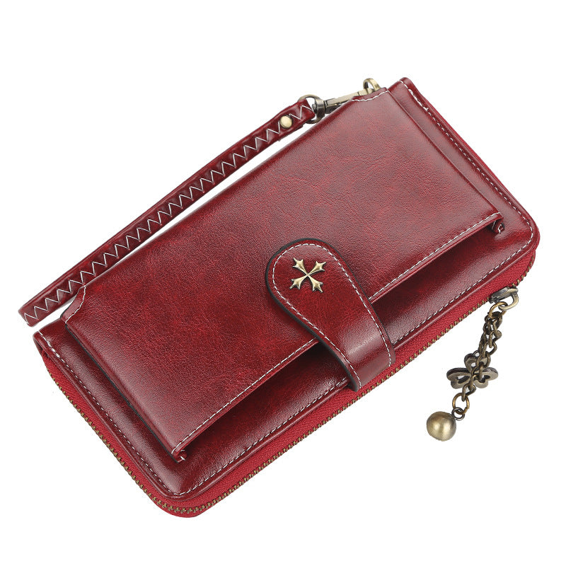 Women's Long Korean Style Multifunctional Zipper Mobile Oil Wax Buckle