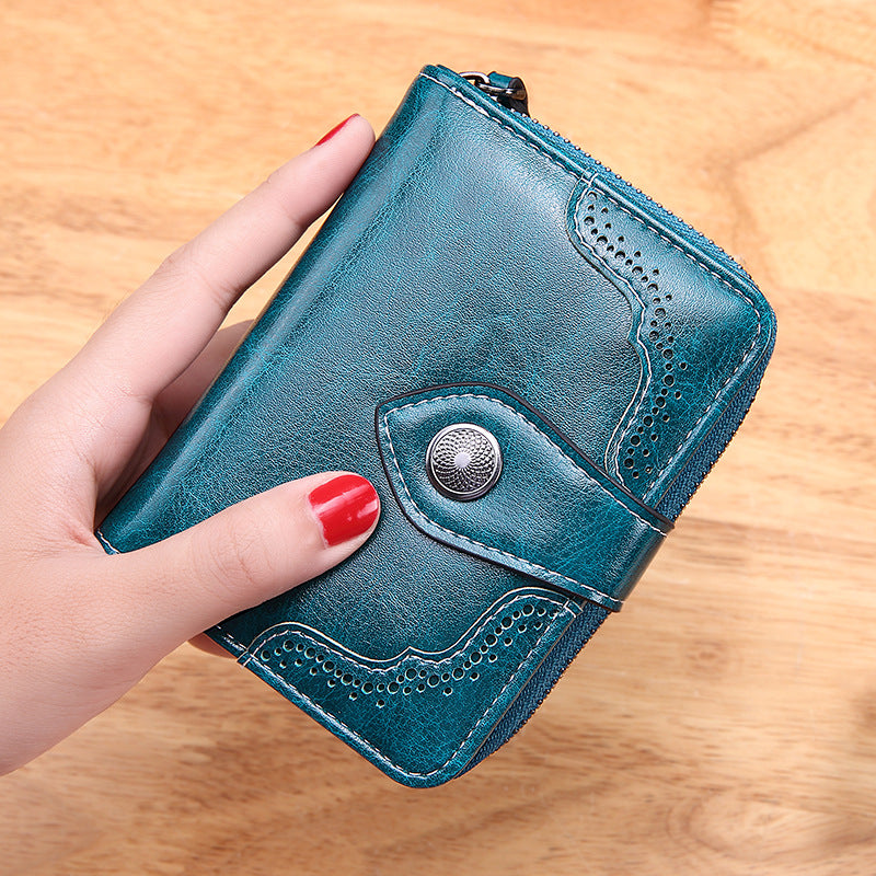 Women's Retro Oil Wax Skin Short Zipper Ladies Wallets