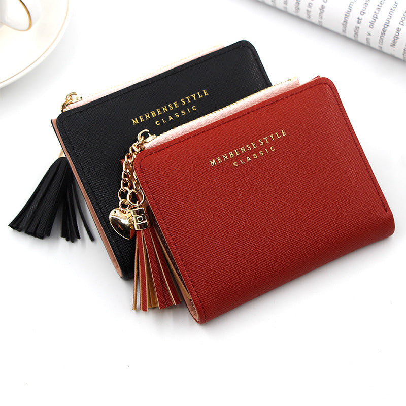 Women's Fashion Short Zip Solid Color Tassel Ladies Wallets