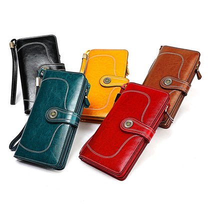 Women's Retro Oil Wax Skin Long Clutch Ladies Wallets