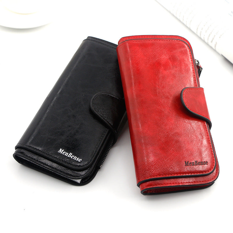 Women's Fashion Long Simple Oil Wax Leather Coin Purses