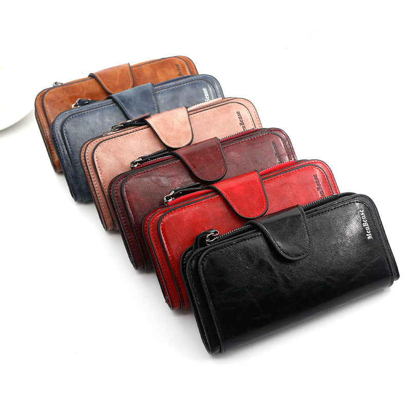 Women's Fashion Long Simple Oil Wax Leather Coin Purses