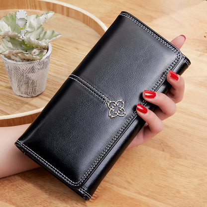 Women's Long Retro Oil Wax Skin Female Ladies Wallets