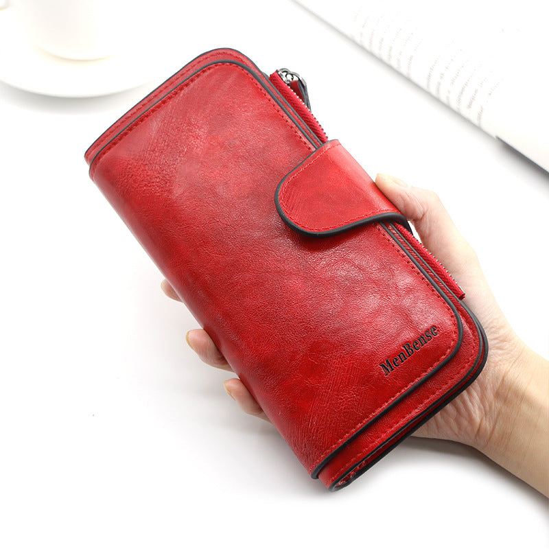 Women's Fashion Long Simple Oil Wax Leather Coin Purses