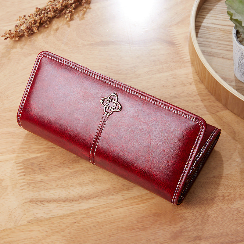 Women's Long Retro Oil Wax Skin Female Ladies Wallets