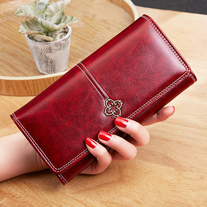 Women's Long Retro Oil Wax Skin Female Ladies Wallets