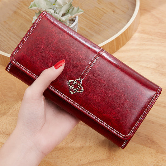 Women's Long Retro Oil Wax Skin Female Ladies Wallets