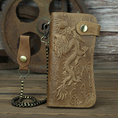 Men's Dragon Pattern Clutch Real Leather Long Crazy Ladies Wallets