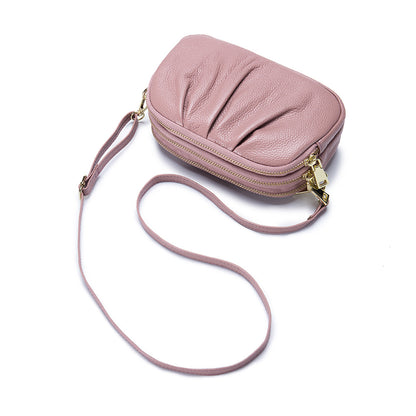 Women's Simple First Layer Cowhide Zipper Pleated Large Phone Bags