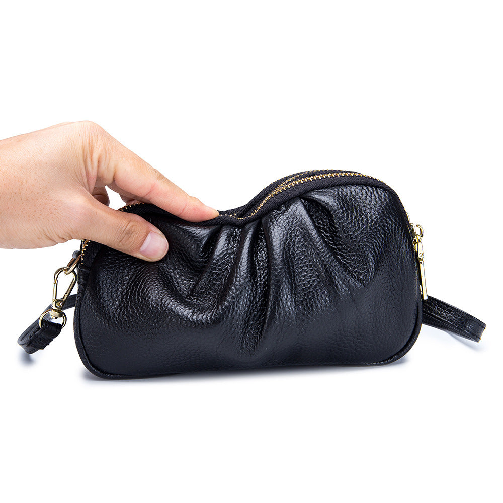 Women's Simple First Layer Cowhide Zipper Pleated Large Phone Bags