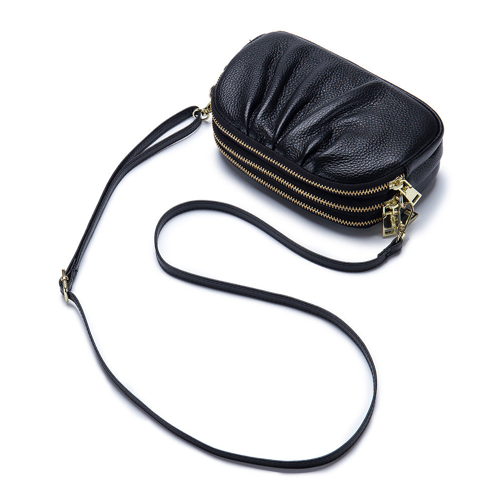 Women's Simple First Layer Cowhide Zipper Pleated Large Phone Bags