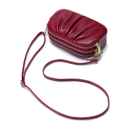 Women's Simple First Layer Cowhide Zipper Pleated Large Phone Bags