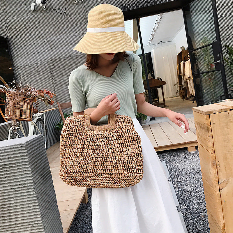 Sacs à main en paille tissés en bois carrés pour femmes, grande capacité