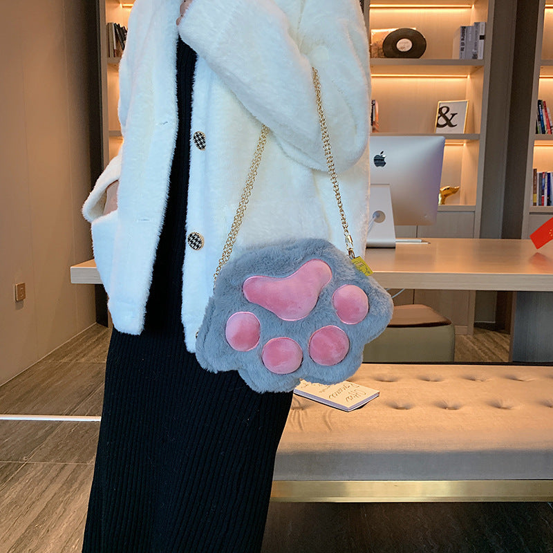 Women's Three-dimensional Cat's Paw Plush Fashion Chain Shoulder Bags