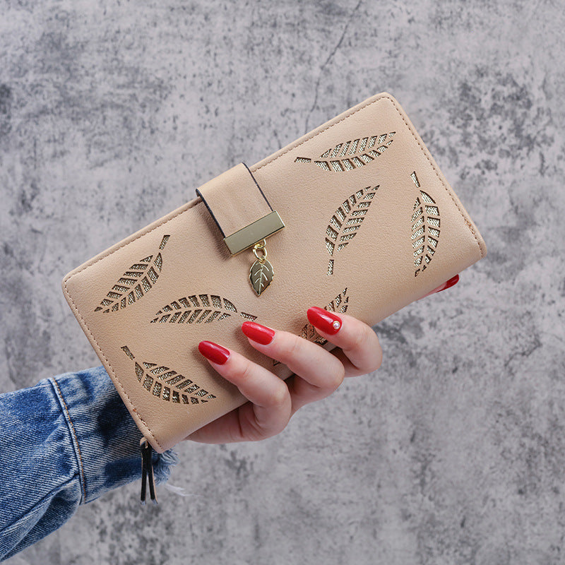 Women's Long Fashion Clutch Hollow Leaves Zipper Ladies Wallets